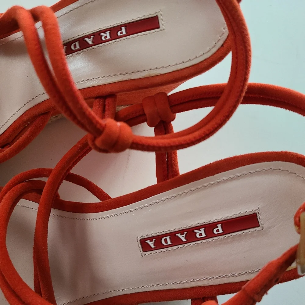 PRADA Platform Wedge Espadrille Strappy Sandal Orange-Red Suede 36 - Picture 5 of 9